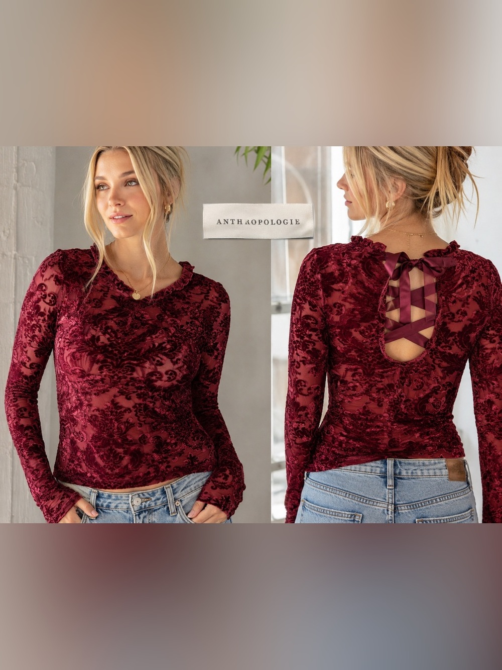 S - Anthropologie-Deep Burgundy Burnout Velvet Long-Sleeve Top with Lace-Up Back
